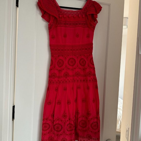 Sea New York Embroidered Midi Dress SZ 2 Red Eyelet Detail Flutter Sleeve - Picture 5 of 11